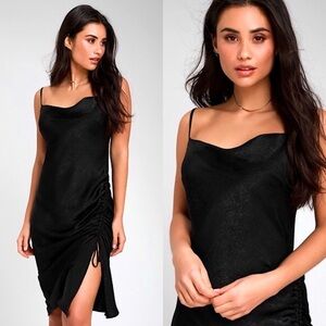 NWT Lulus Rolande Black Satin Ruched Midi Slip Dress | Small